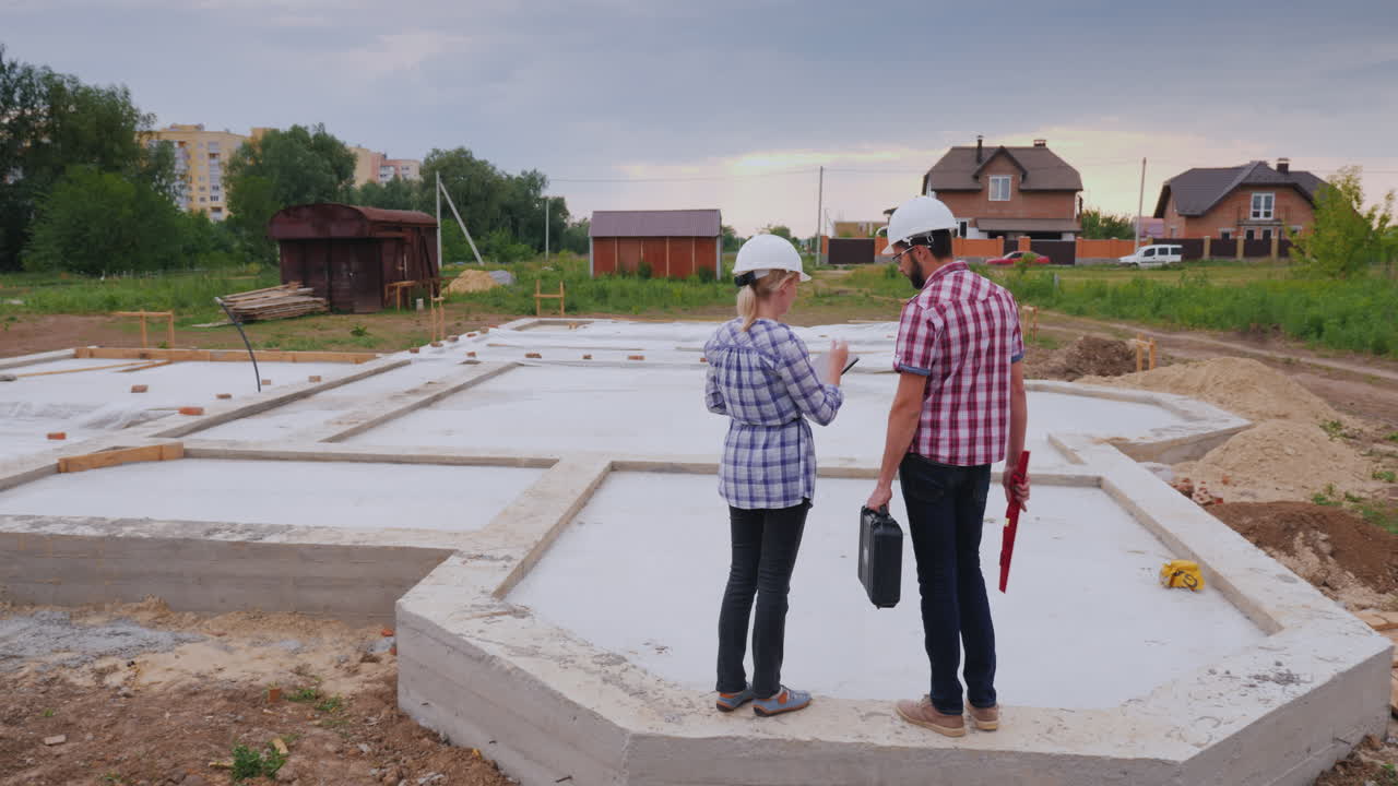 dos constructores: un hombre y una mujer están en la base del futuro edificio discutiendo el plan de trabajo