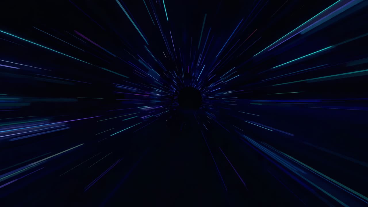 Intensifying radial streaks pushing toward central void in digital tunnel, with blue teal purple