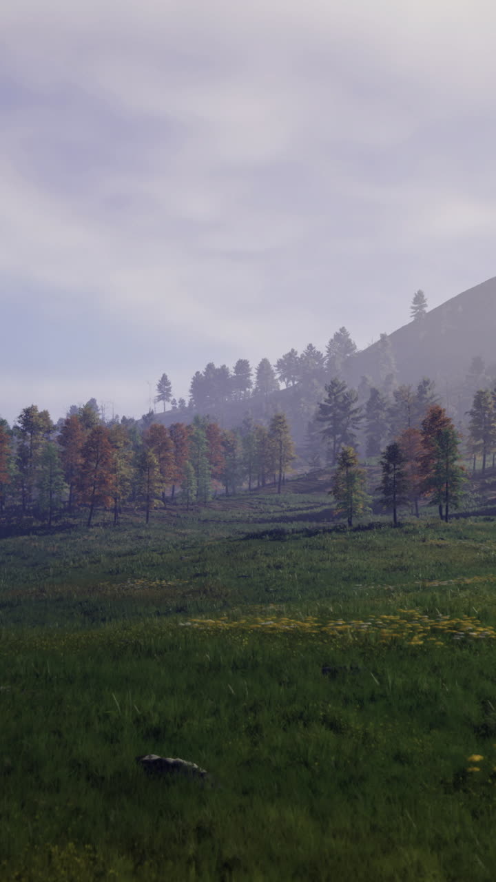 Majestic mountains and serene meadows under a soft morning light