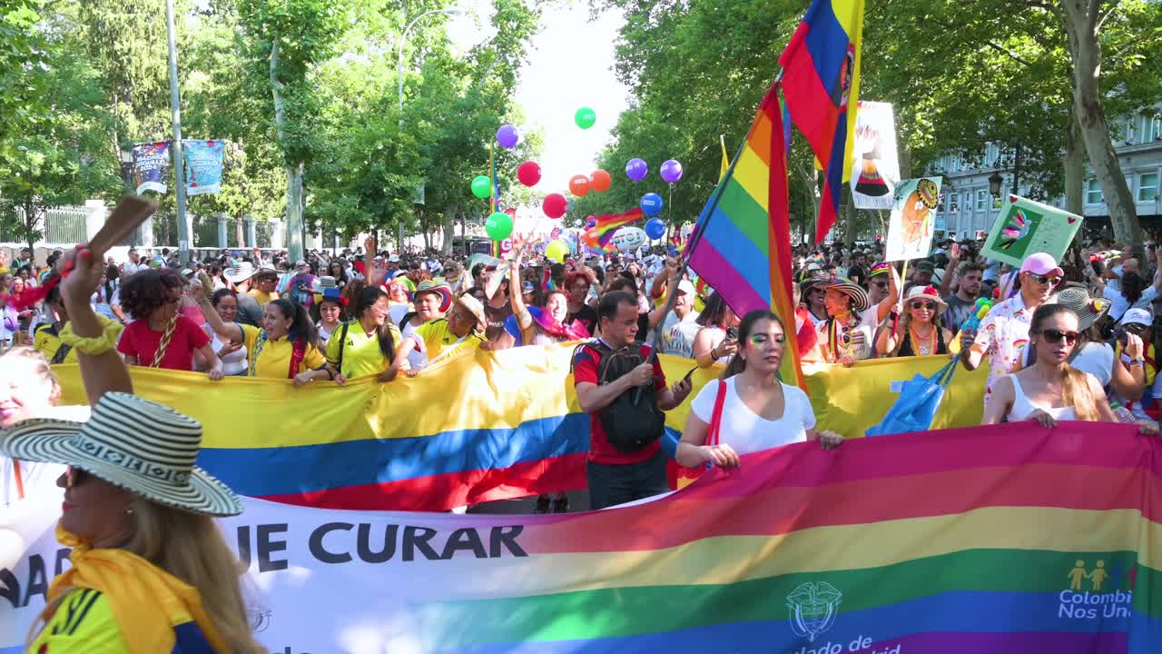 The LGBTQIA Pride Month parade in Madrid sees people carrying banners and unity to fight against LGBTI discrimination and injustice.