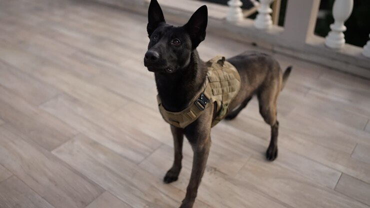 Black service dog german shepherd in service collar following commands