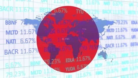 animation of financial statistics recording and world map over flag of japan