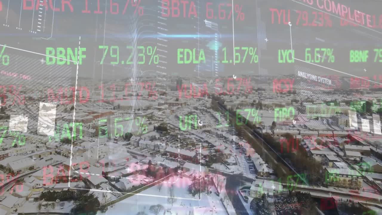 눈 인 도시 풍경의 공중 시야에서 주식 시장 데이터 처리 인터페이스의 애니메이션
