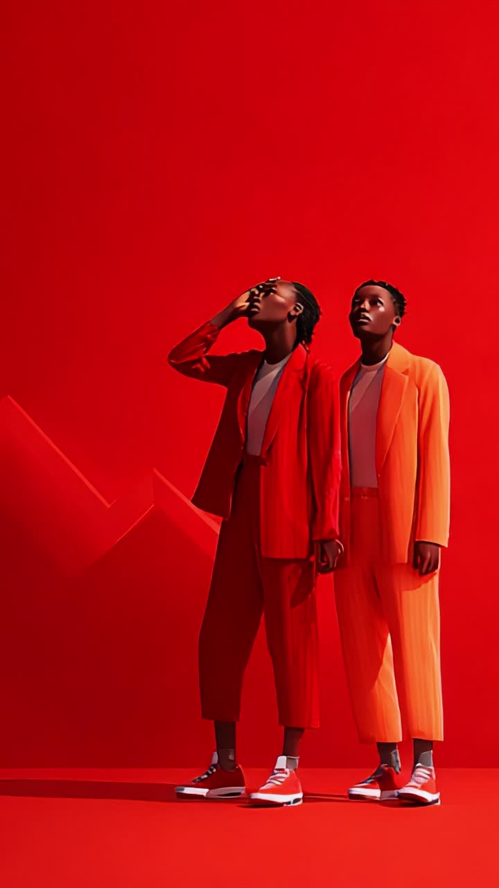 Dynamic Fashion Statement: Two Models in Vibrant Red Suiting Against Bold Background, Showcasing Modern Style and Confident Attitude in Captivating Presentation