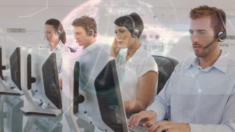 Animation-of-globe-over-business-people-using-phone-headsets