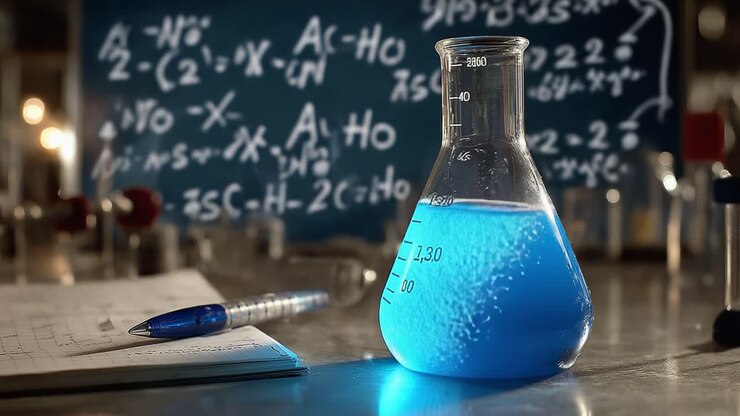 A mesmerizing laboratory scene depicting a chemical experiment with vibrant blue liquid in a flask, surrounded by scientific notes and equations illustrating the essence of research