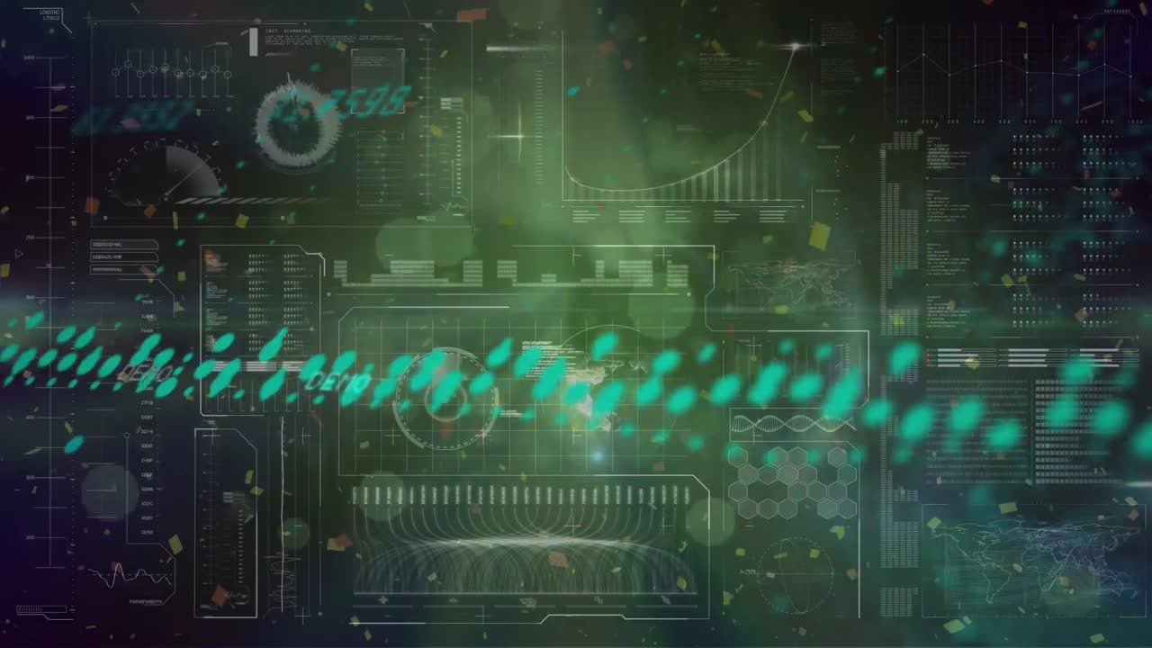 Animation of confetti falling over interface with data processing against green background