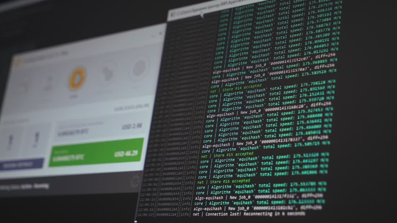 Screen with crypto code. Program code for mining cryptocurrency, mining work. Screen with software developer code. Crypto-currency