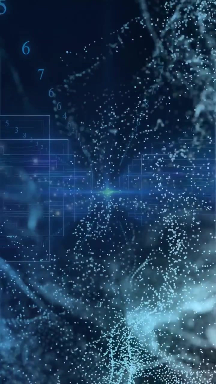 Vertical video: Blue dots drifting and forming clumps center glow emerging drawing points for data