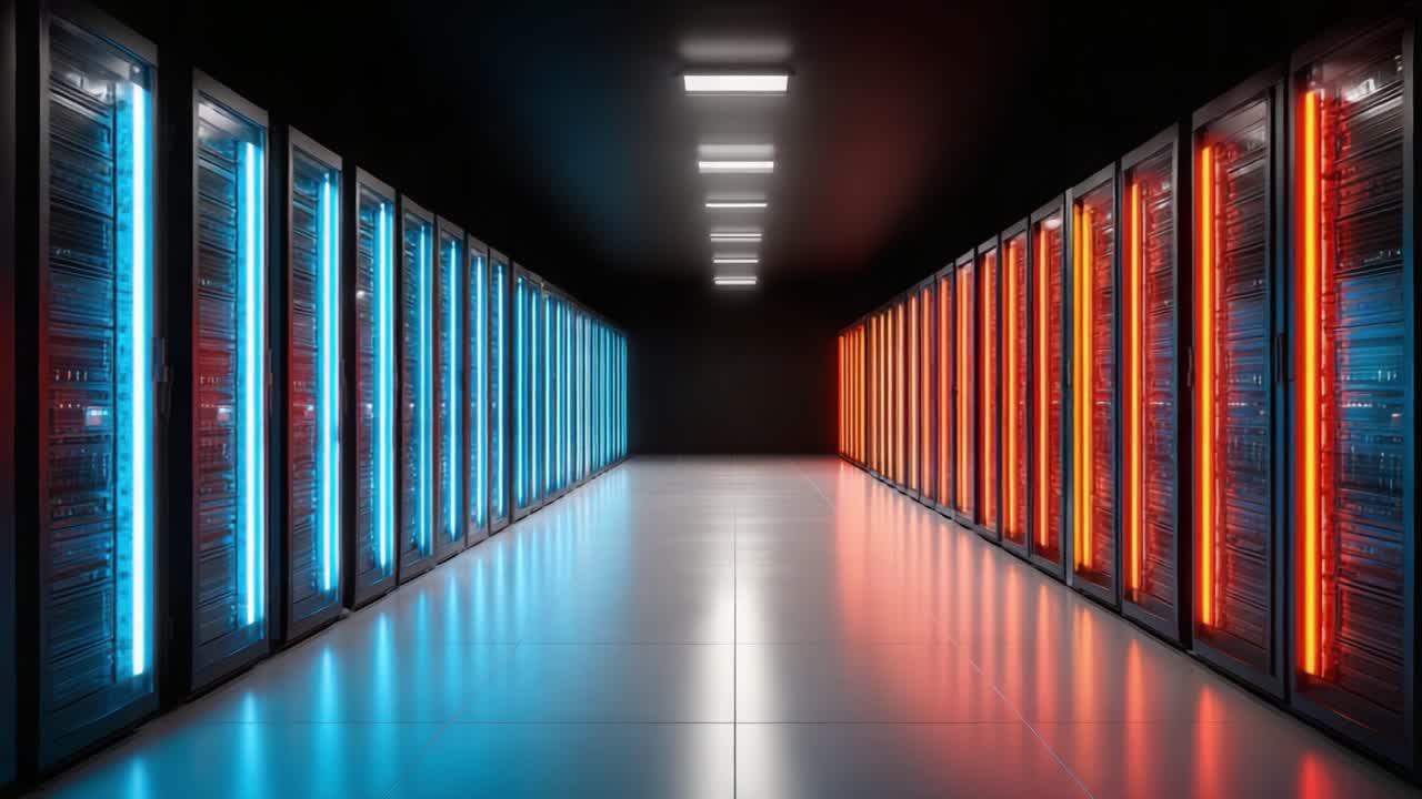 Et fantastisk syn over et moderne datacenter med rækker af højteknologiske serverracks, oplyst i blåt og rødt lys, der skaber en futuristisk atmosfære.