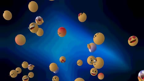 Digitale-Animation-Mehrerer-Gesichts-Emojis,-Die-Vor-Blauem-Hintergrund-Schweben