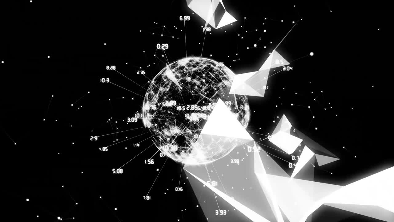 데이터 포인트와 기하학적 모양을 가진 디지털 지구, 네트워크 연결 애니메이션