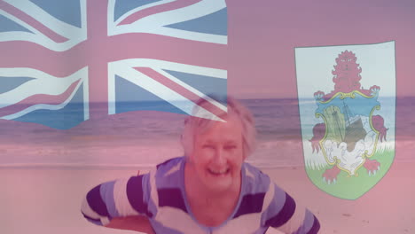bandera de las bermudas y escudo de armas animación sobre mujer disfrutando de la playa