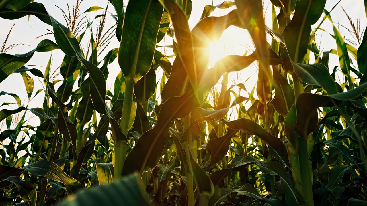 Il sole filtra attraverso alte piante di mais verdi in un campo