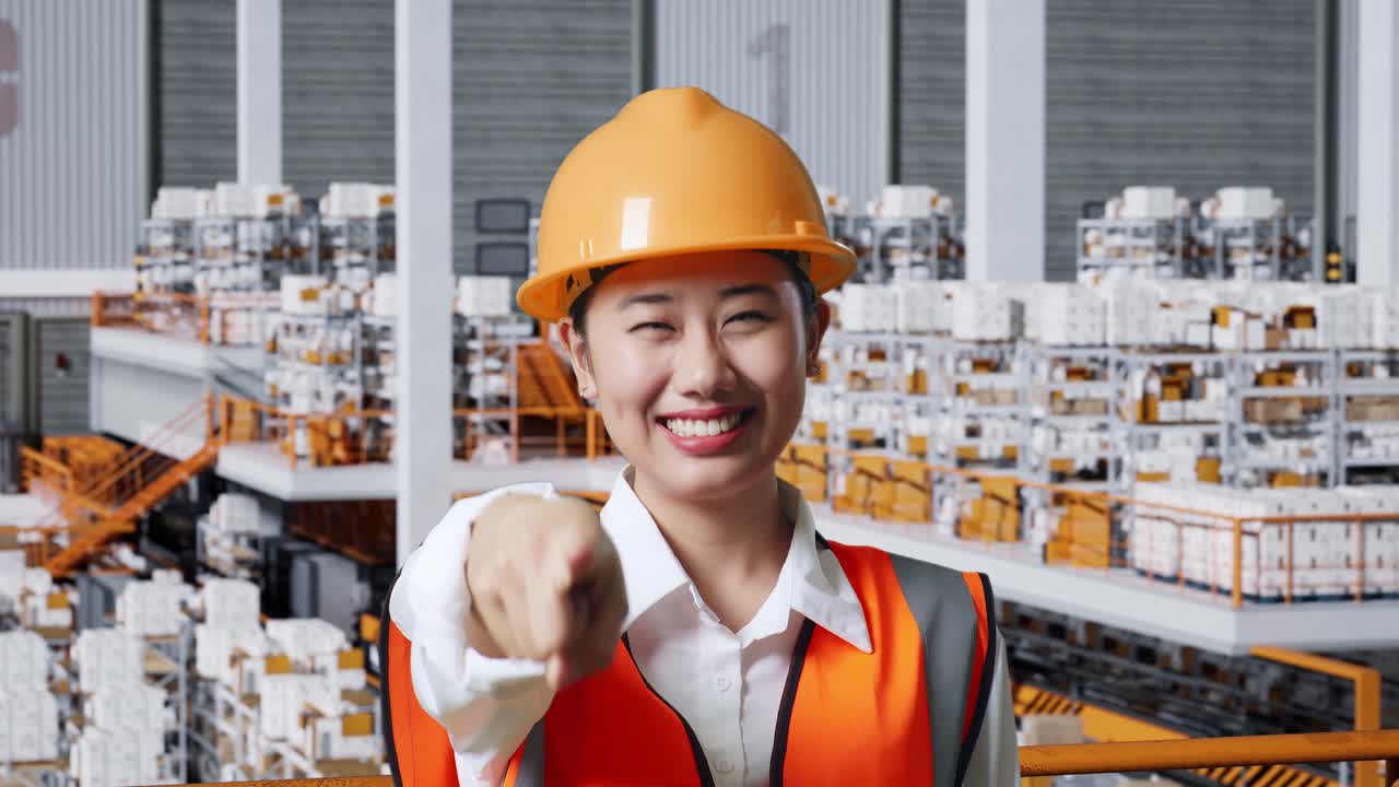 안전 헬을 입은 아시아 여성 엔지니어가 배달 물품으로 가득 찬 선반과 함께 창고에 서서 웃고 가을 만지며 창고에서 당신을 가리키고 있습니다.