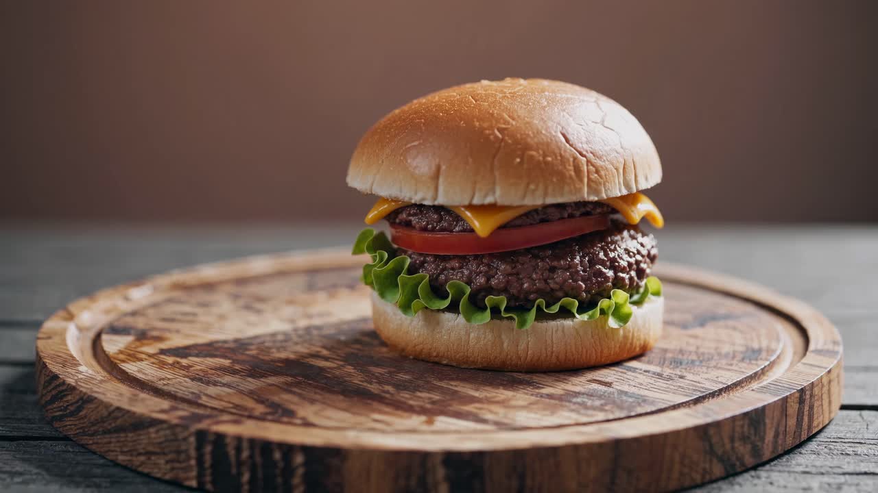 Inquadratura video ravvicinata di un hamburger gourmet su un piatto di legno, che evidenzia ingredienti freschi.