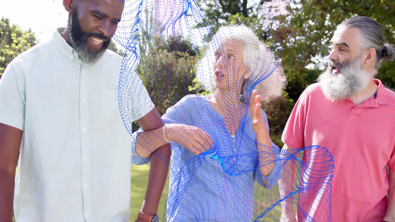 Woman speaking, trio walking and sharing social tips, left man leaning, blue mesh sweeping trio