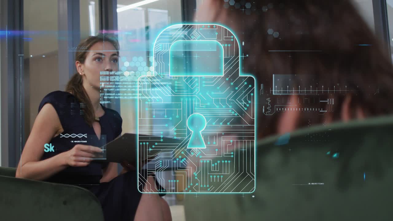 Seated woman holding folder initiating holographic scan for analysis, guiding colleague listening