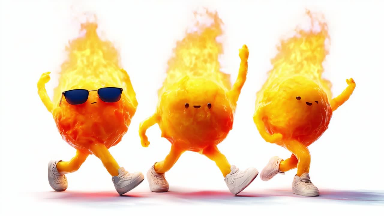 Energetic and Playful Animated Flame Characters Dancing Together in a Bright, Colorful Scene, Showcasing Their Unique Personalities with Sunglasses and Fun Expressions