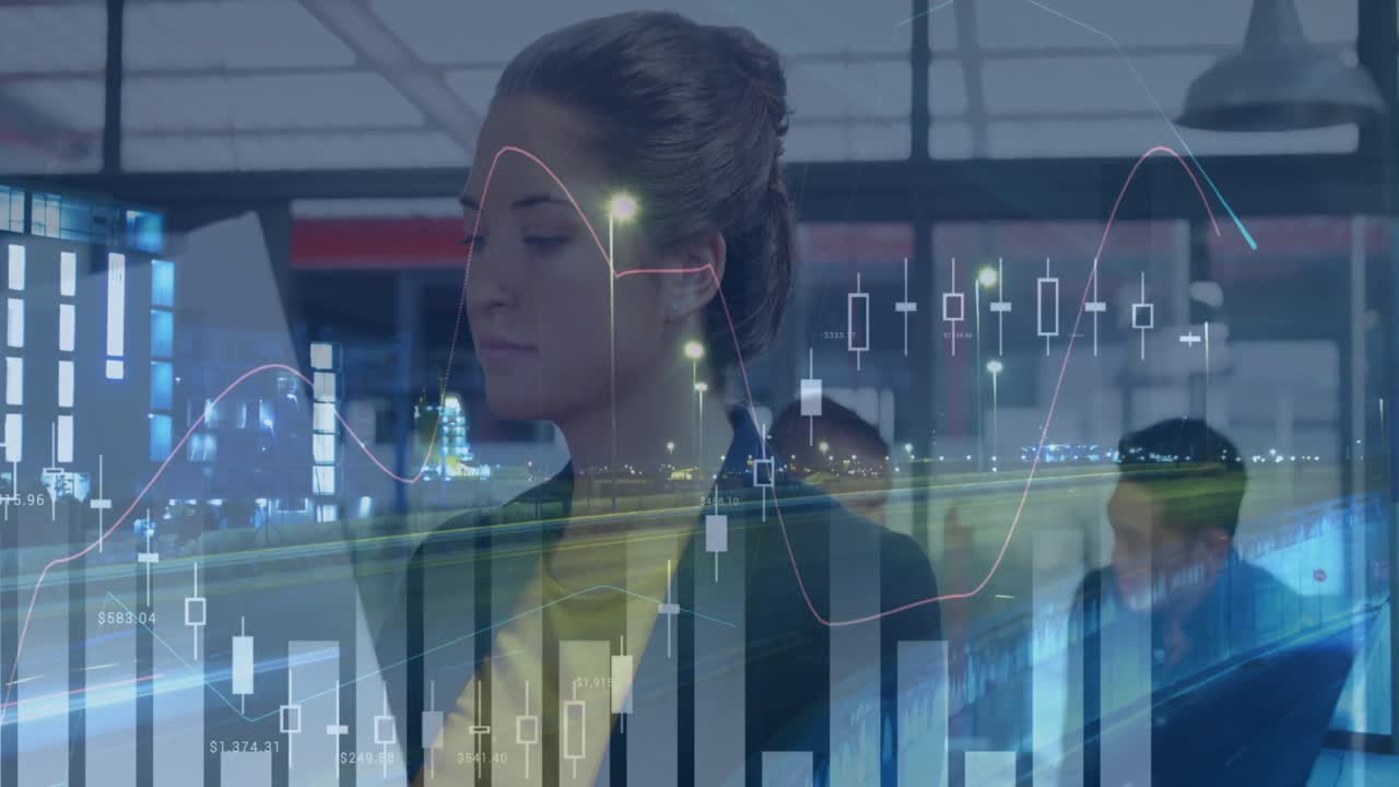 Animation of financial data processing over caucasian businesswoman