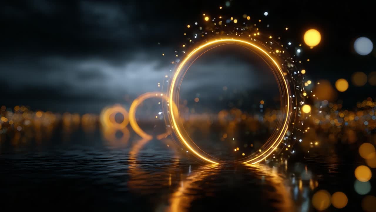 Incantevoli anelli dorati che emettono riflessi di luce sulla superficie dell'acqua in un ambiente scuro e onirico con scintillii ed effetti bokeh sullo sfondo