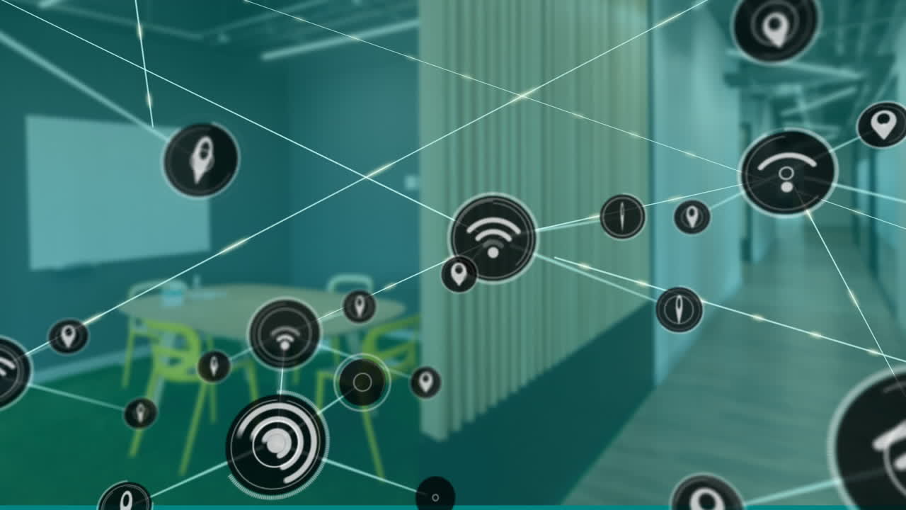 animación de la red de dispositivos conectados en el interior de la oficina moderna