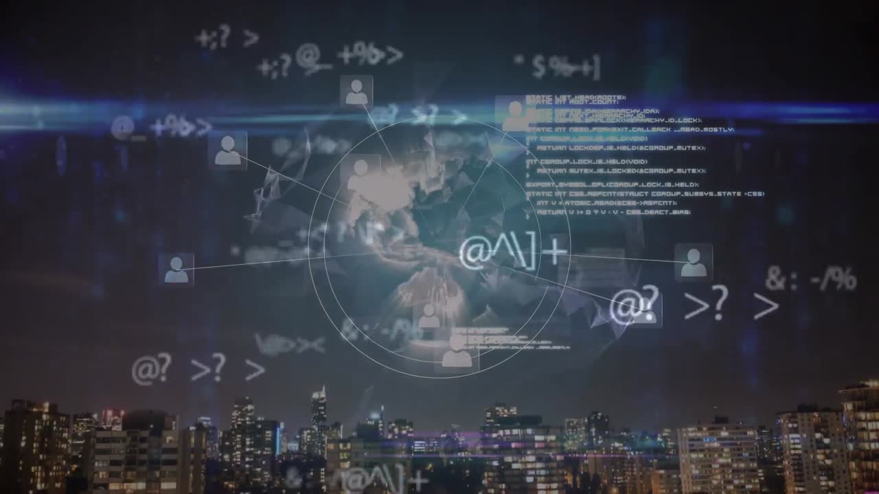 Animation of network of connections with globe over night cityscape