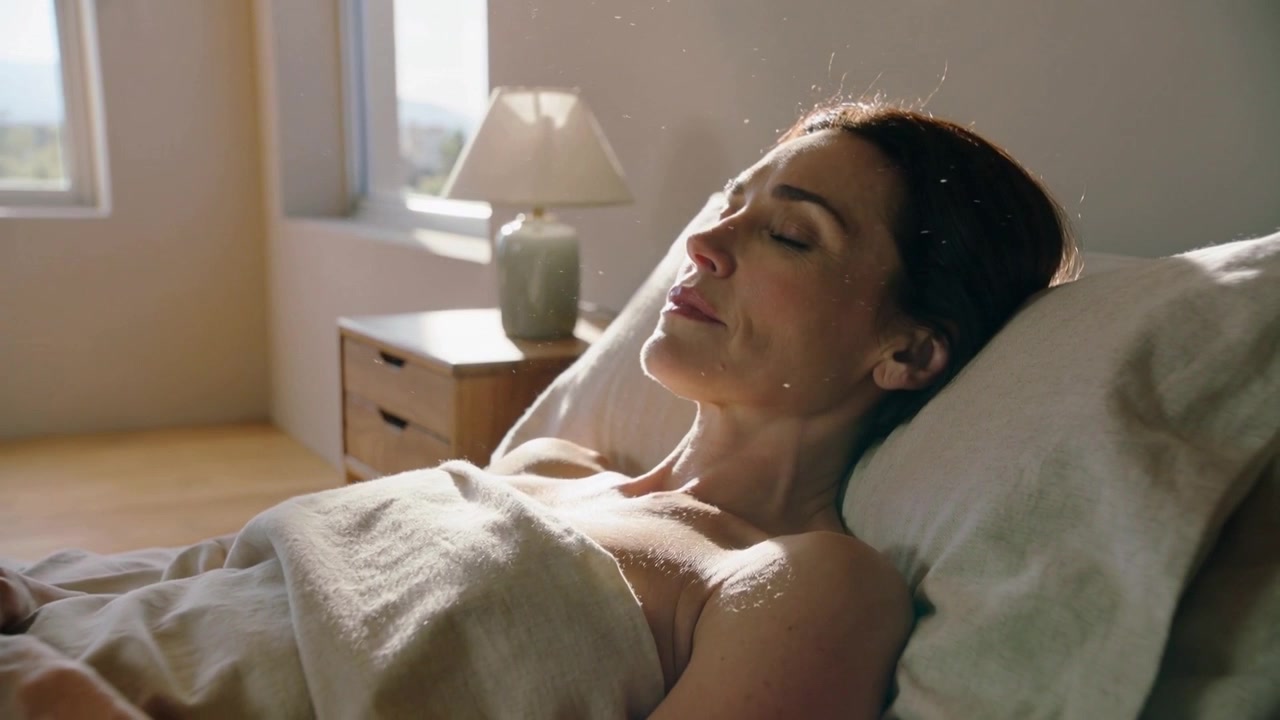 Una donna adulta si sveglia reagendo alla luce del mattino proveniente dalla finestra, respirando sul letto accanto alla lampada.
