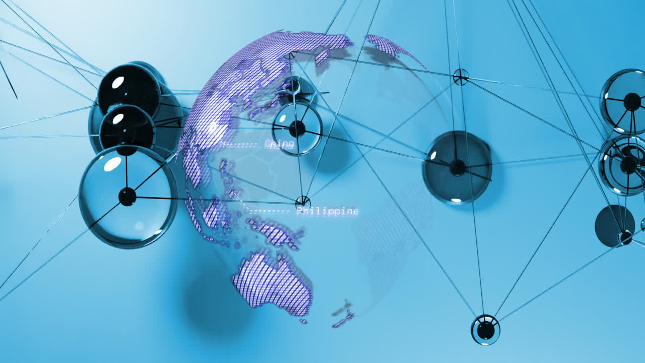 파란색 배경에 회전하는 지구와 연결 점의 애니메이션