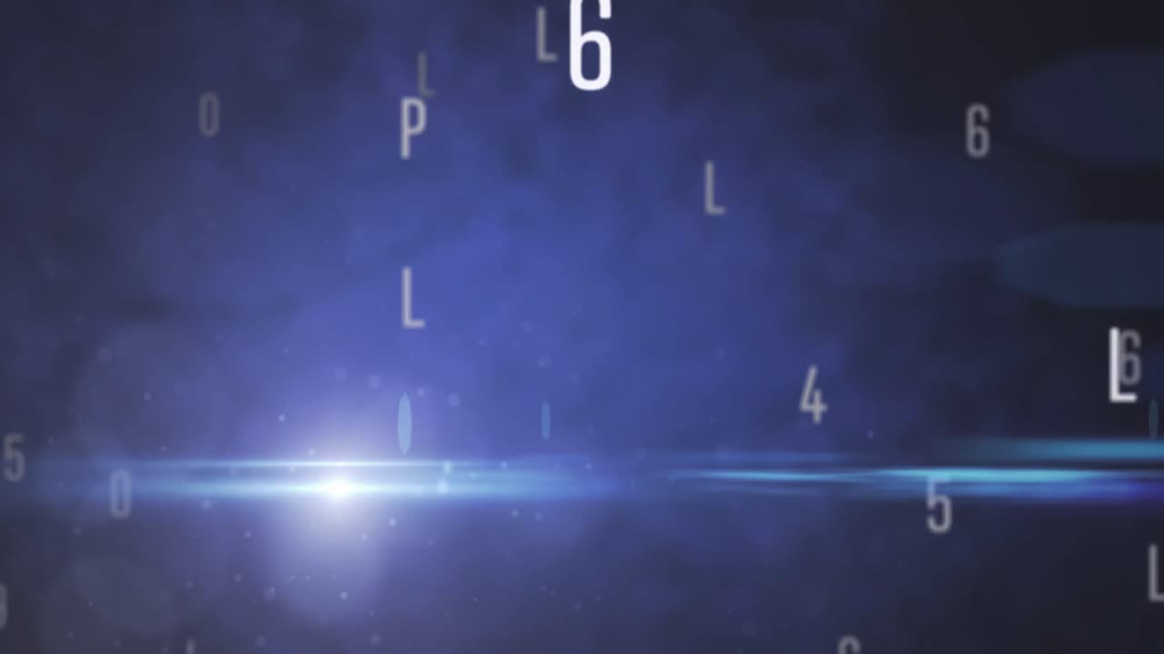 Digital animation of multiple changing numbers and alphabets and spot of light against blue backgrou