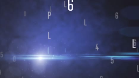 digital animation of multiple changing numbers and alphabets and spot of light against blue backgrou