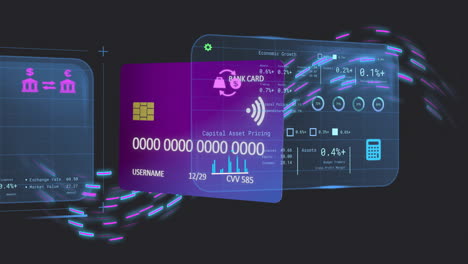 animation of screen with data and credit card over black background