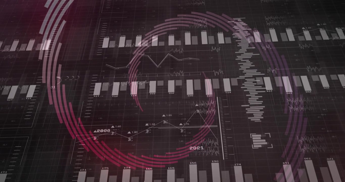 Magenta spiral arcs swirling over dark grid, animating bar charts and line plots for visual data