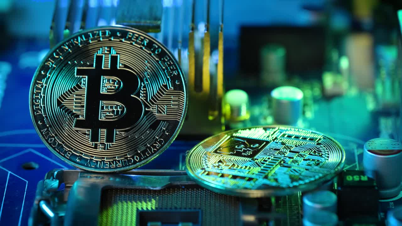 Two Crypto coins displayed on Computer motherboard, Technology environment, Bitcoin