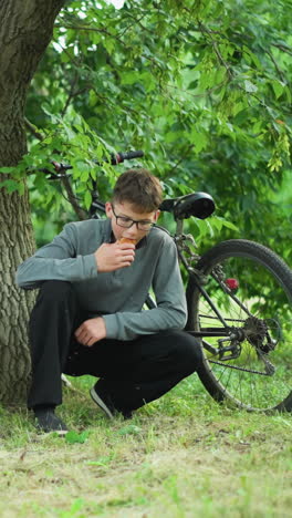 dos hermanos jóvenes disfrutando de bocadillos mientras se agachan bajo un árbol en un bosque verde exuberante, están tomando un descanso de ciclismo, con sus bicicletas estacionadas cerca