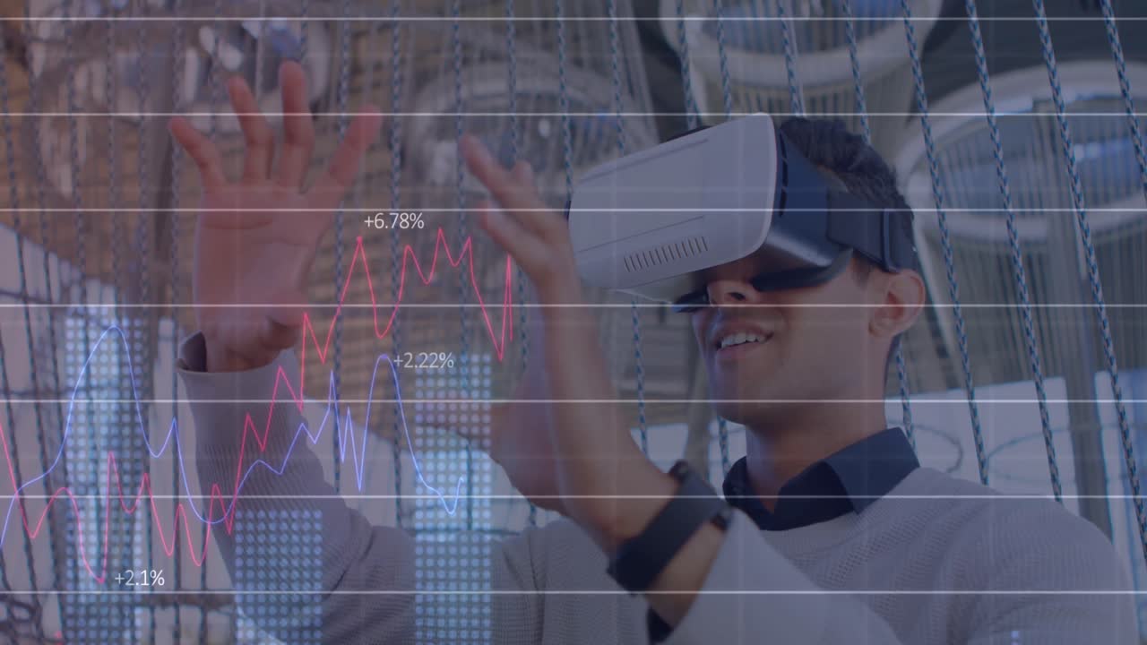 Animation af finansiel databehandling over forretningsmand, der bruger VR-headset
