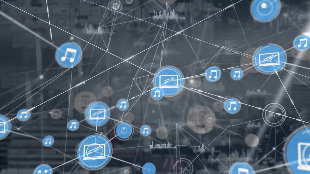 puntos y iconos conectados animados, gráficos sobre vehículos en movimiento en la calle y edificios.