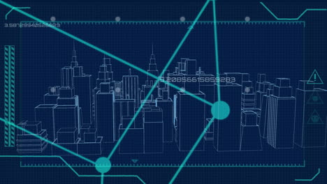 rotación del cubo sobre el modelo arquitectónico 3d de la ciudad sobre fondo azul