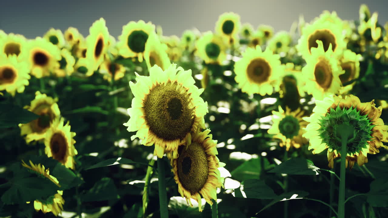 Vibrant sunflower field under clear sky in bright sunlight during summer