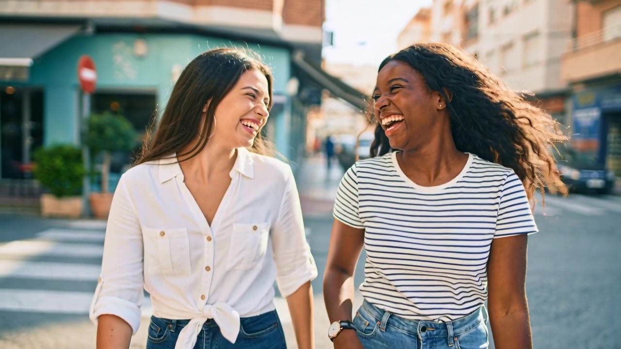 Walking two friends turning in jeans talking and laughing on city crosswalk, showing turquoise shop