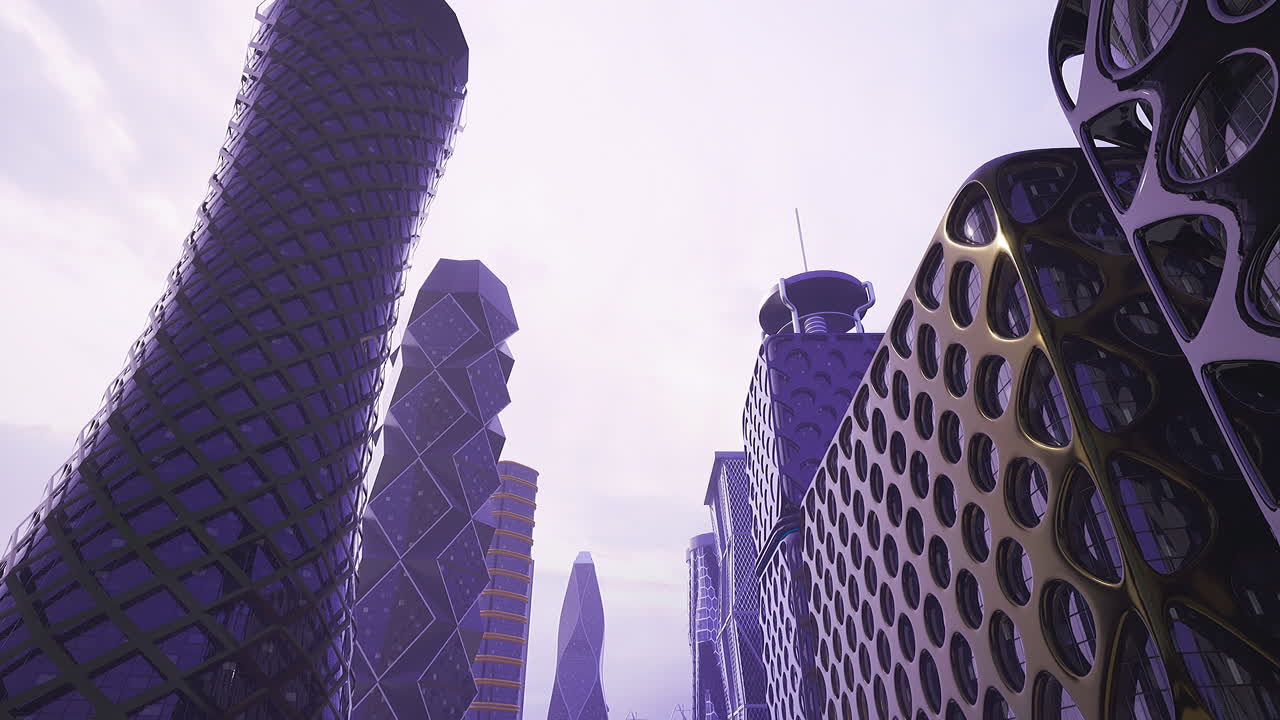 Futuristic city skyline featuring unique modern architecture at dusk