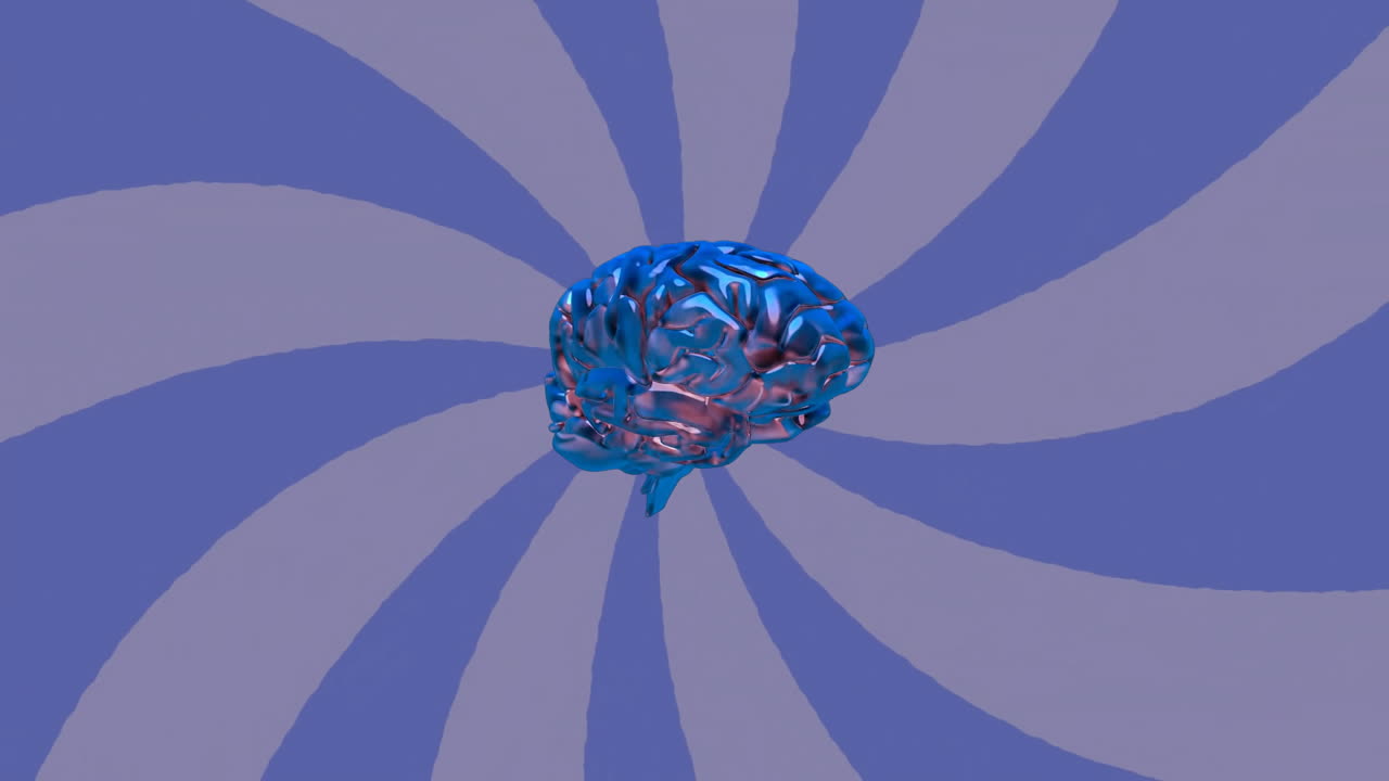 보라색 나선형 배경에서 회전하는 뇌 모델, 교육 및 과학 주제