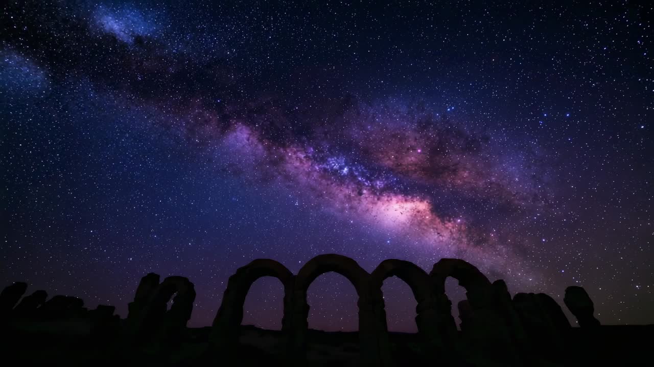 Rotating Earth causing Milky Way starfield drifting over arches at desert site, revealing nebula