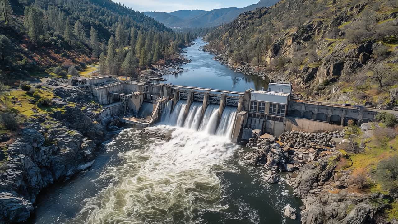 A Stunning Aerial View of a Majestic Dam with Cascading Water, Surrounded by Lush Greenery and Rocky Terrain, Highlighting Nature's Beauty and Engineering Marvel