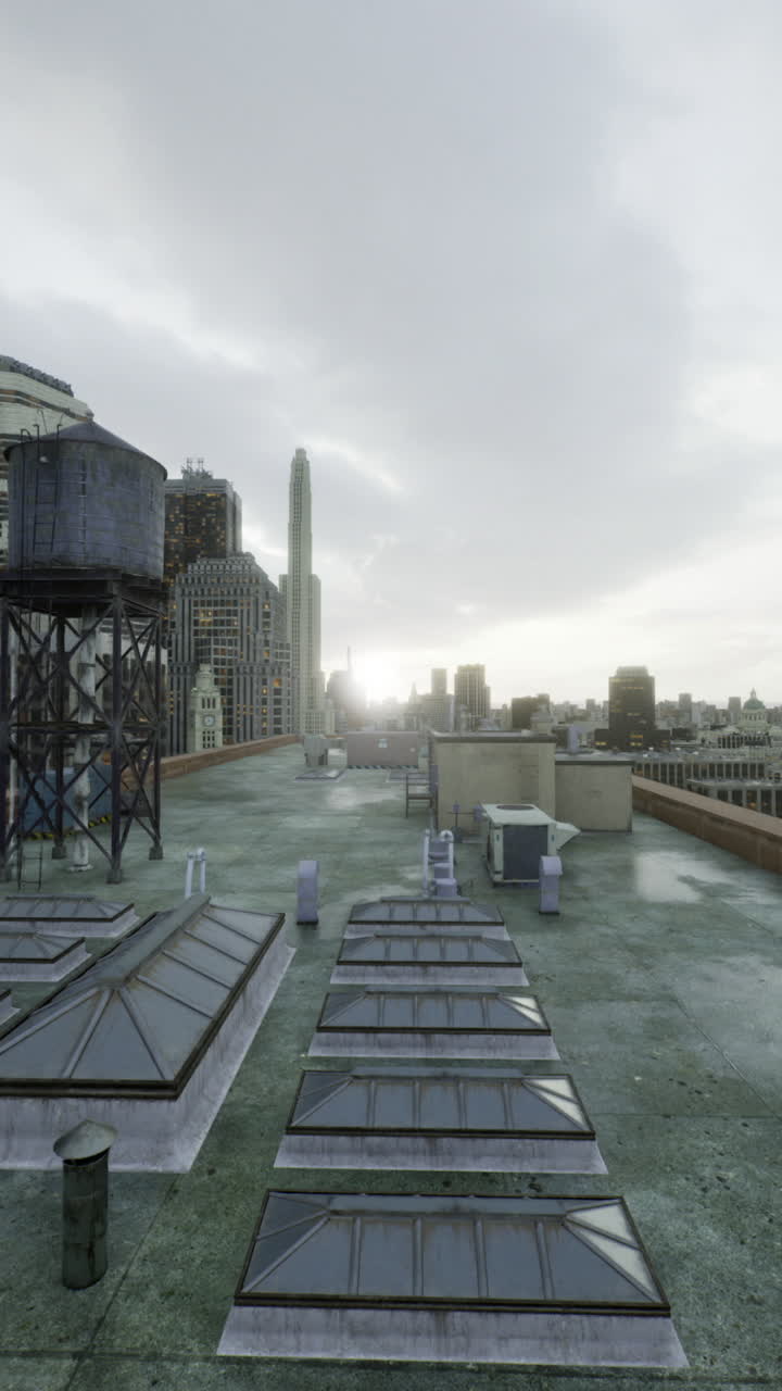 View from a rooftop overlooking city buildings with cloudy sky at sunset