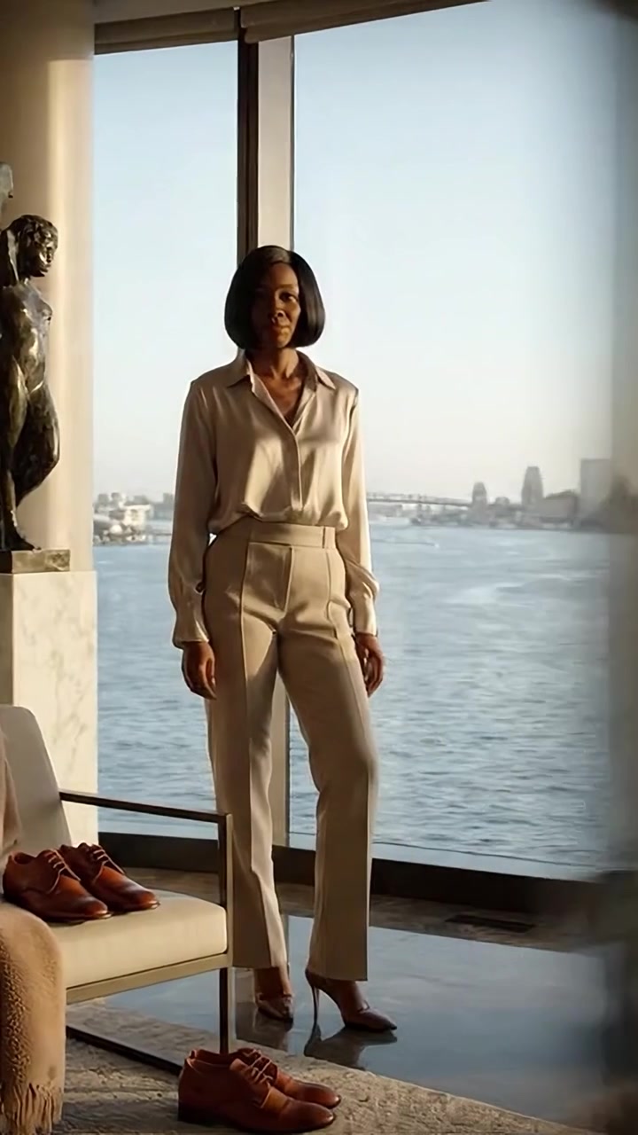 A Stylish Individual Poses Elegantly by a Serene Waterfront Overlooking a Vibrant Cityscape in Chic Outfit with Soft Natural Lighting and Contemporary Décor