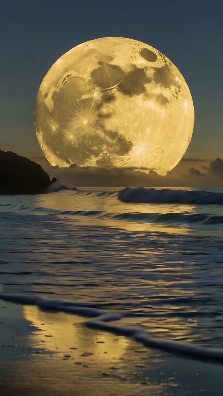 Vídeo vertical: Lua cheia com brilho dourado acima do mar, com ondas rolando pela costa perto de um promontório.