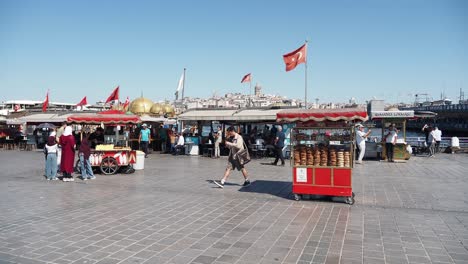 street food vendors on galata bridge in istanbul, turkey