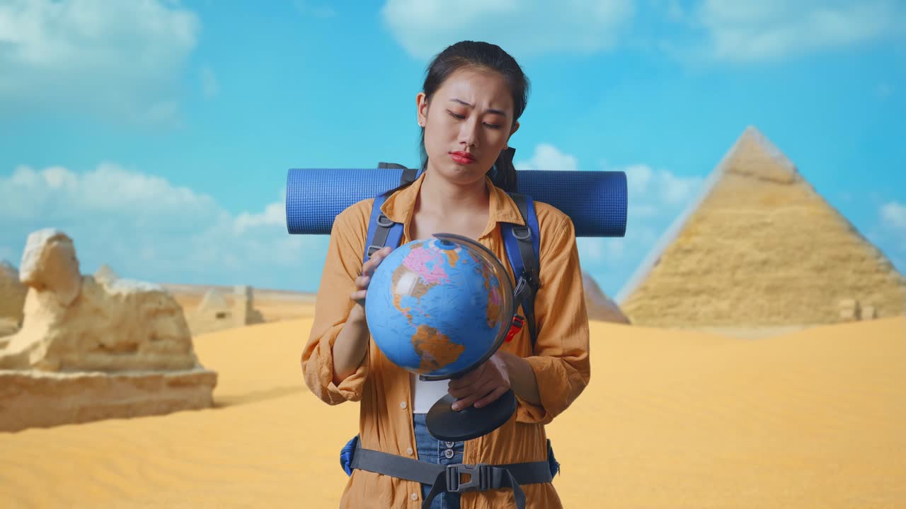 Asian Female Hiker With Mountaineering Backpack Looking At World Globe In Her Hands And Making Confused Gesture While Traveling In Pyramid Of Giza