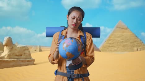 asian female hiker with mountaineering backpack looking at world globe in her hands and making confused gesture while traveling in pyramid of giza